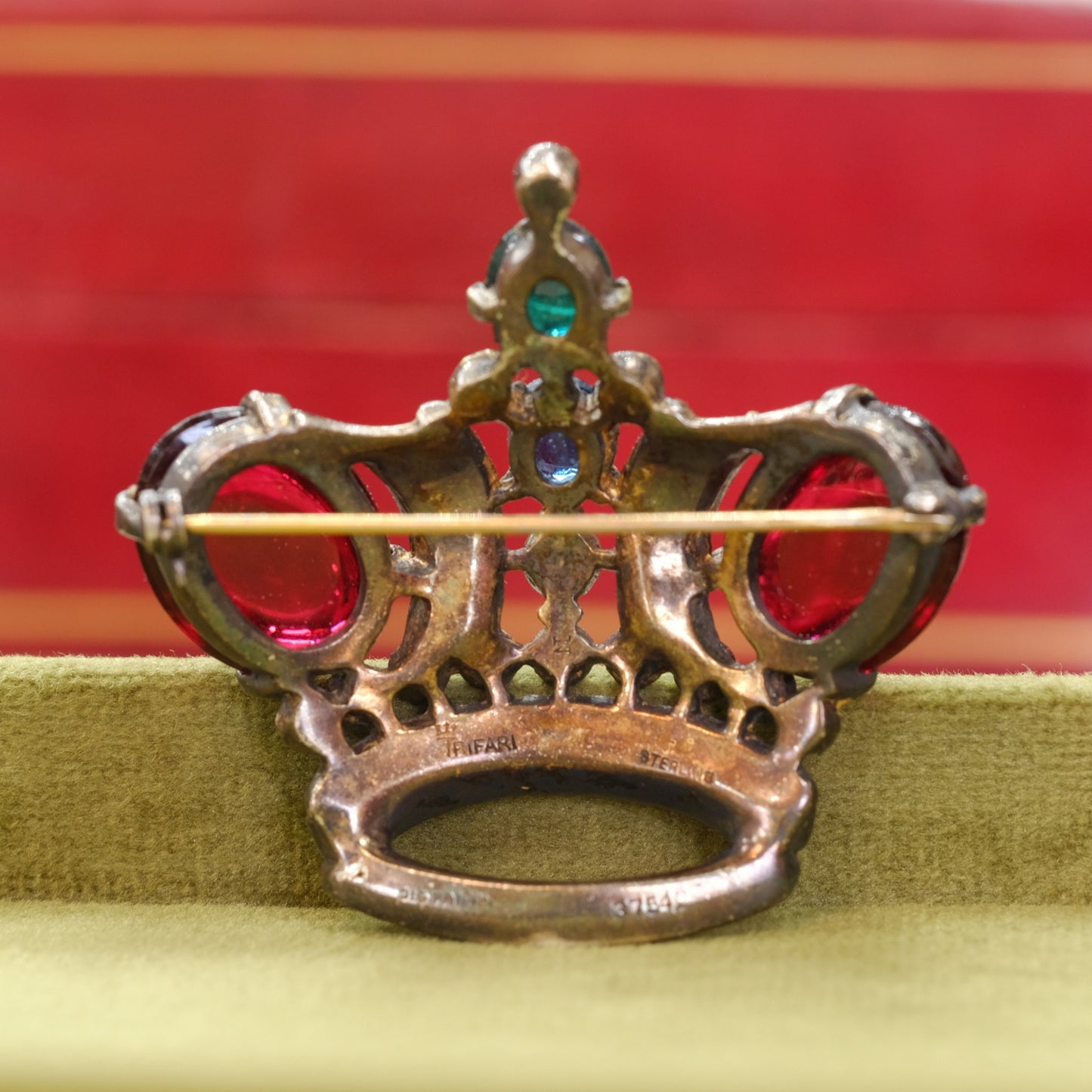 Trifari Sterling Crown with Red Cabochons 1940s