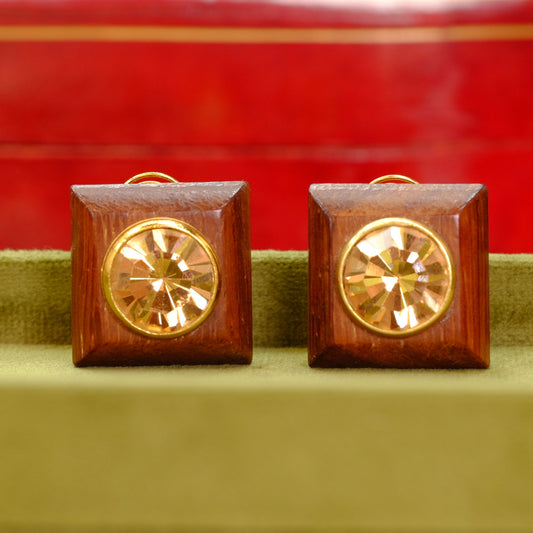 Vintage YSL Wooden and Glass Topaz Earrings 1980s