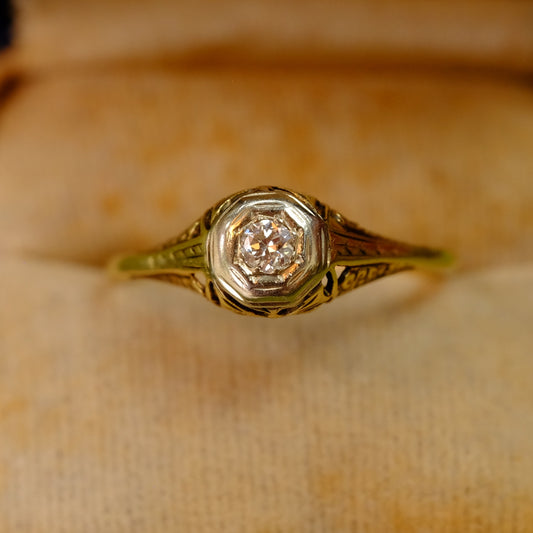 14k Gold Art Deco Diamond Filigree Ring