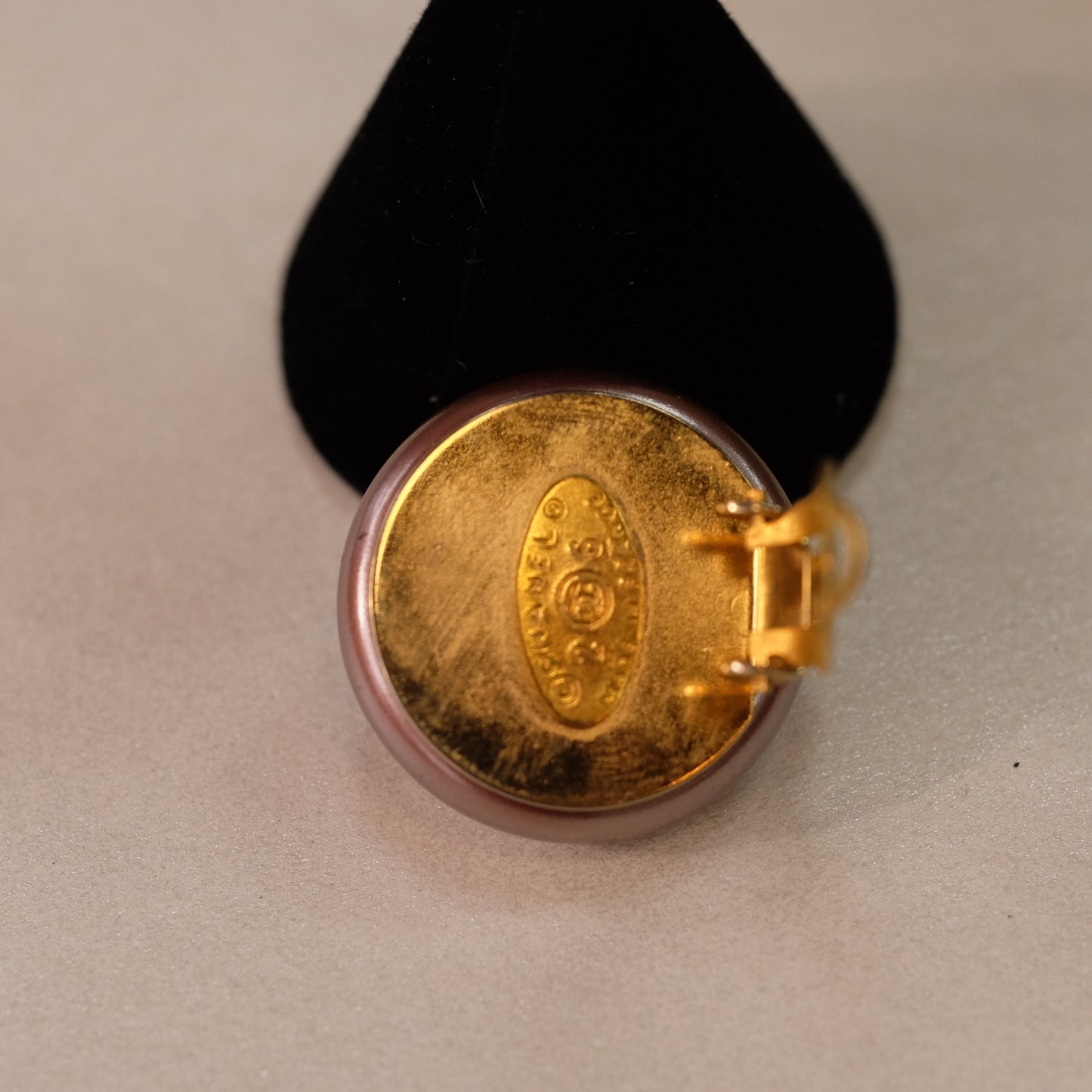 Vintage Chanel Logo Grey Pearl Clip on Earrings 1990s