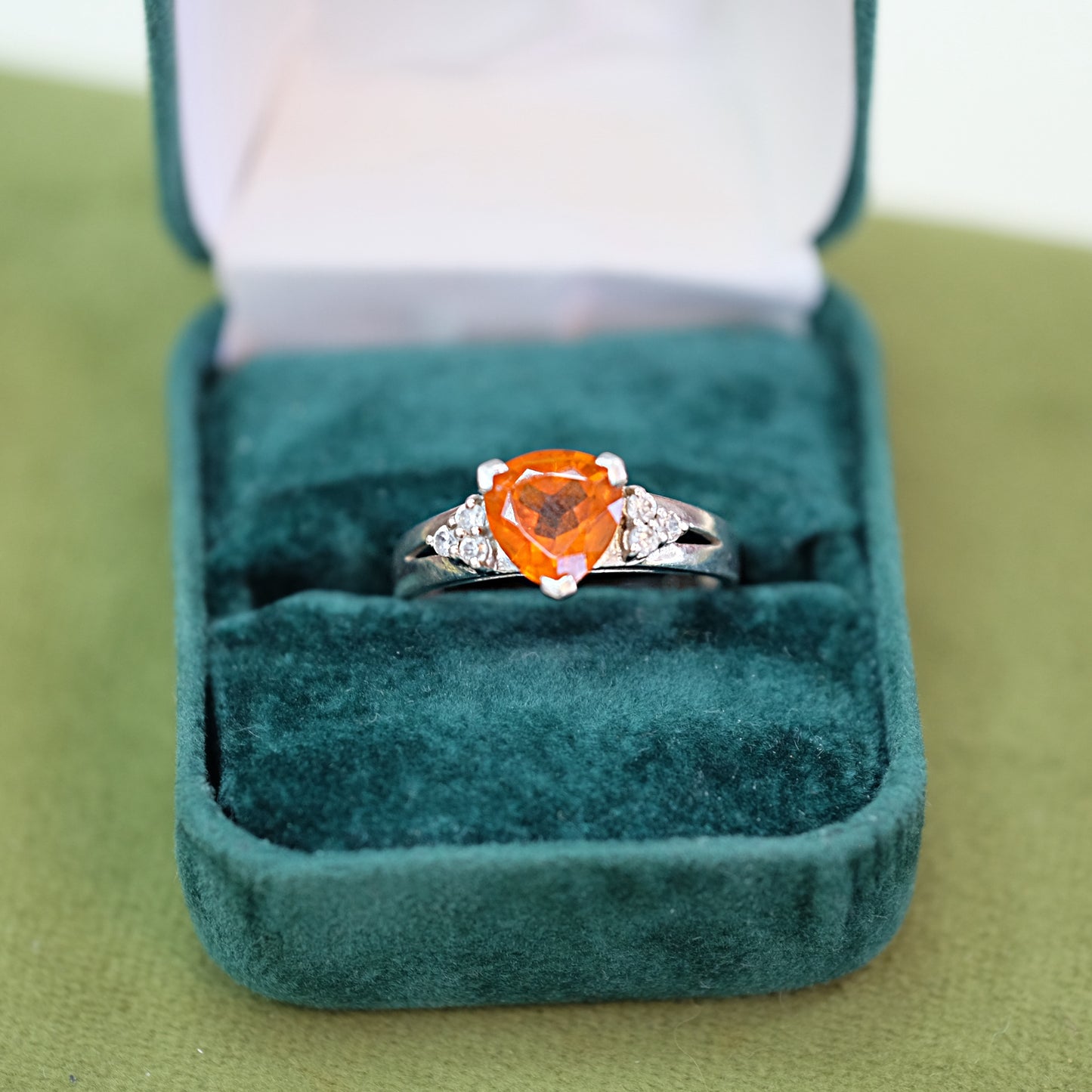Orange Glass Silver Heart Ring