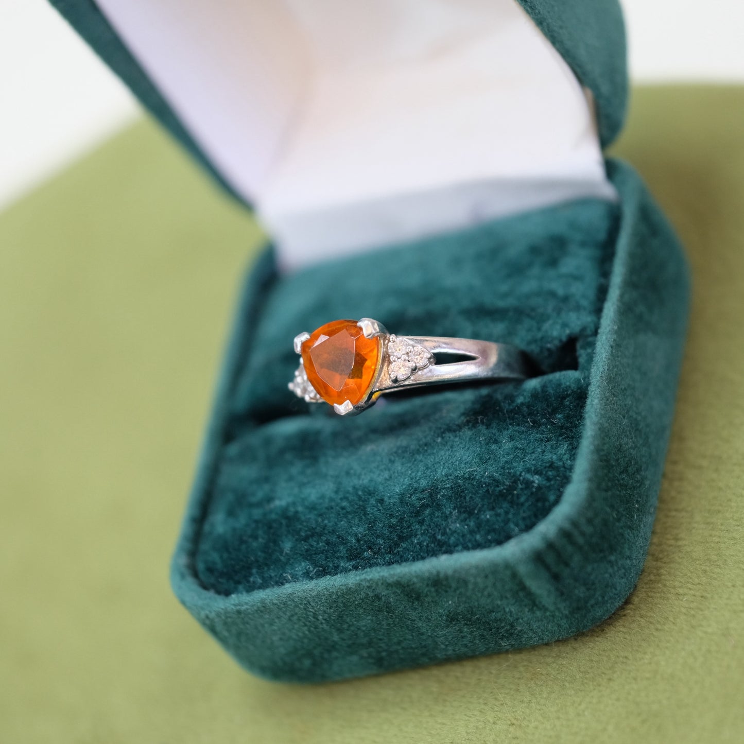 Orange Glass Silver Heart Ring