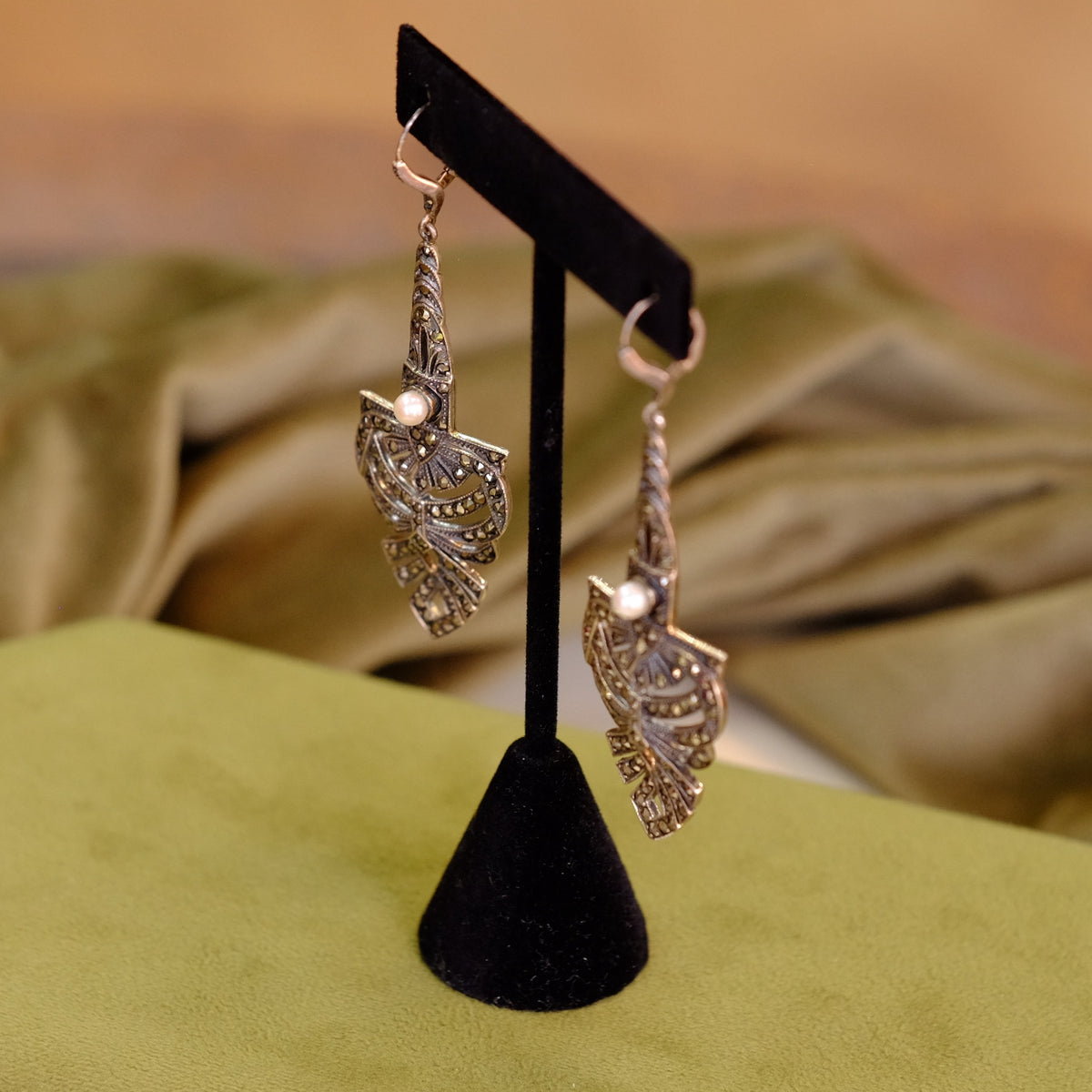 Vintage Sterling Silver Marcasite Pearl Chandelier Earrings