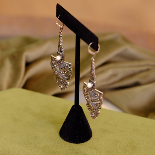 Vintage Sterling Silver Marcasite Pearl Chandelier Earrings