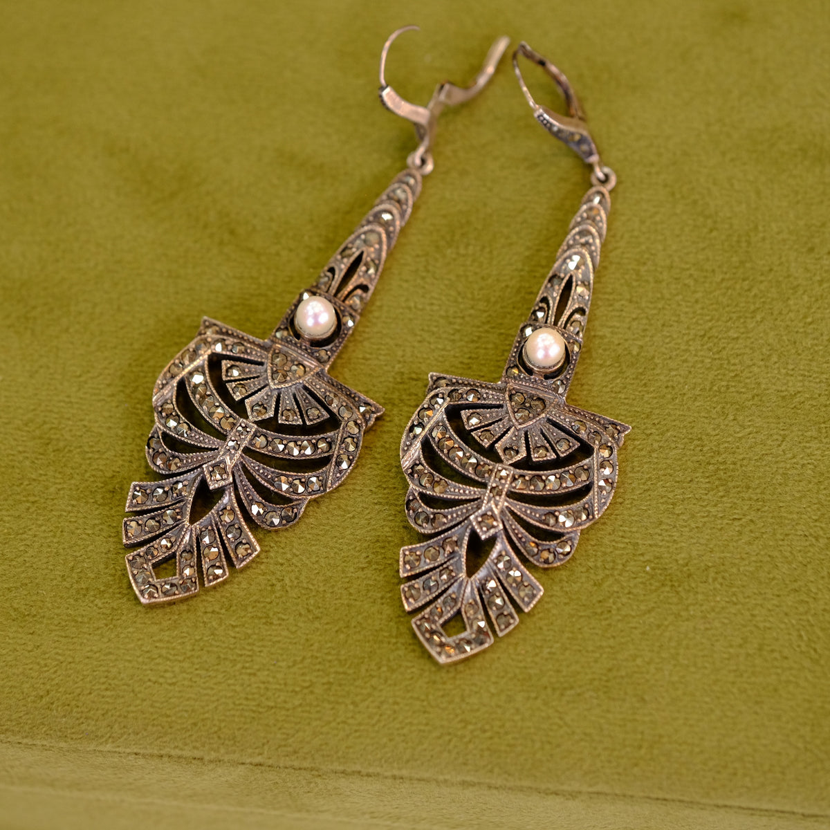 Vintage Sterling Silver Marcasite Pearl Chandelier Earrings