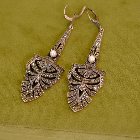 Vintage Sterling Silver Marcasite Pearl Chandelier Earrings