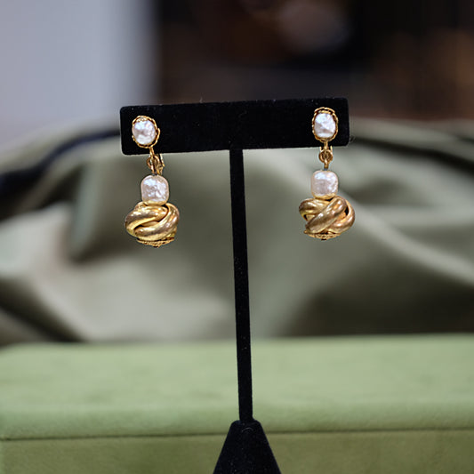 Miriam Haskell Dangle Earrings Twisted Gold Pearl Earrings 1960s