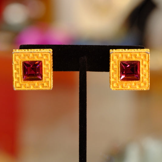 Vintage Designer Greek Key with Faux Amethyst Earrings 1980s