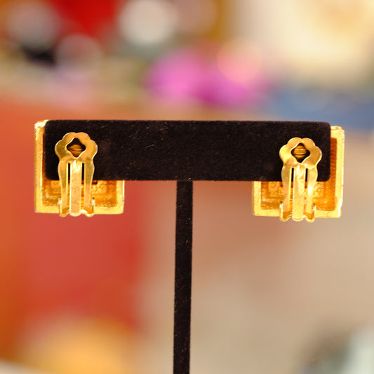 Vintage Designer Greek Key with Faux Amethyst Earrings 1980s