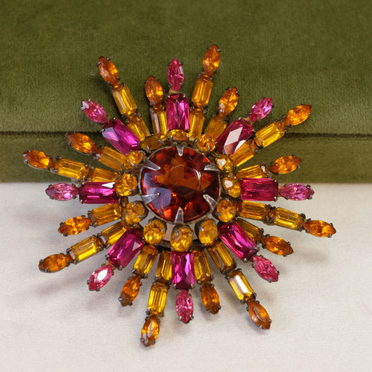 Early Schreiner Sterling Starburst with Faux Amber Pink Rhinestones