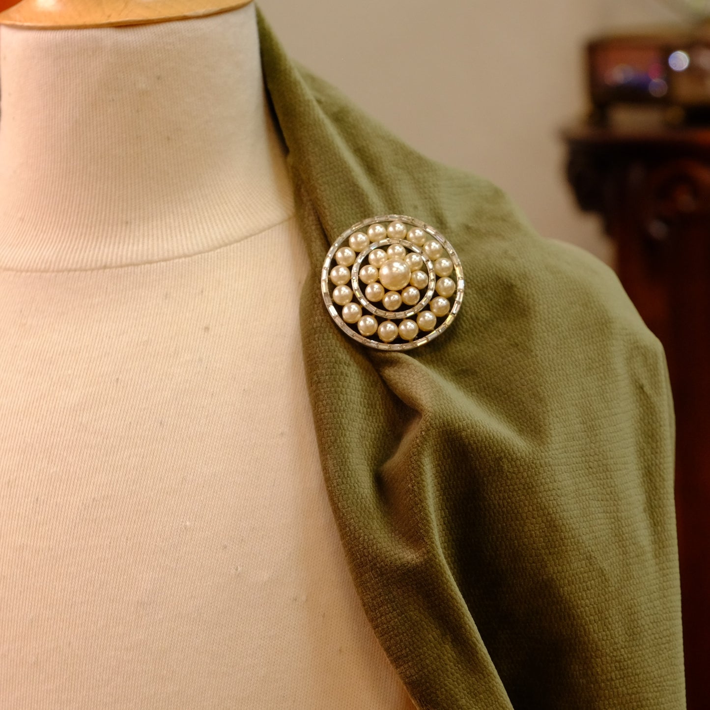 Trifari Round Pin Faux Pearls 1950s