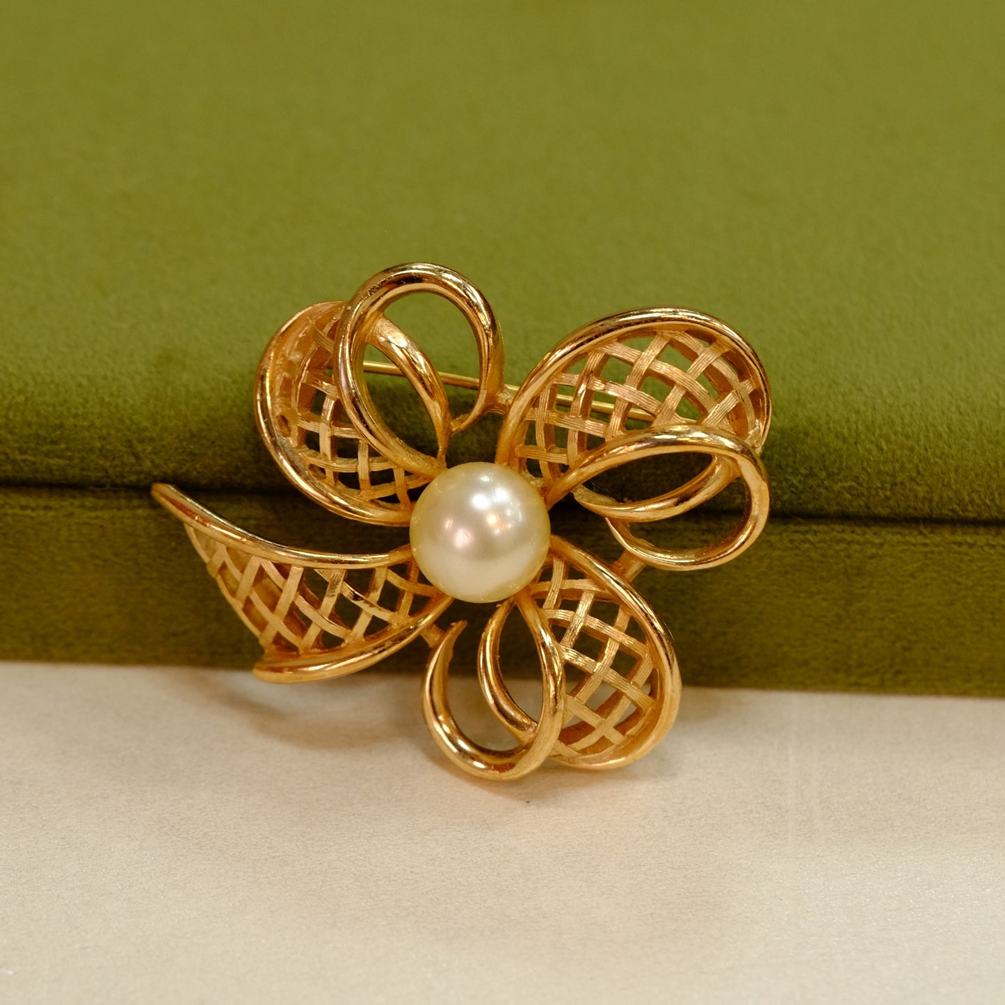 Trifari Bow Faux Pearl Brooch 1960s