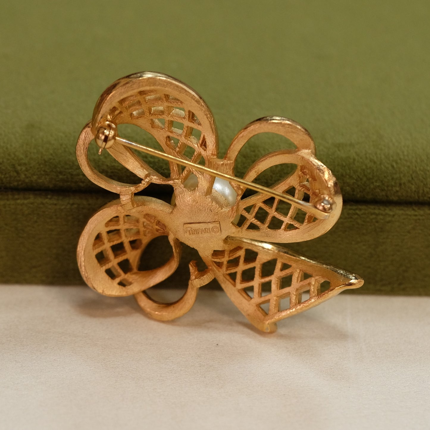 Trifari Bow Faux Pearl Brooch 1960s