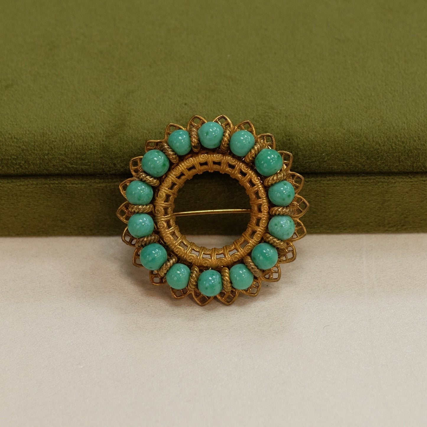 Miriam Haskell Round Turquoise Glass Brooch 1960s