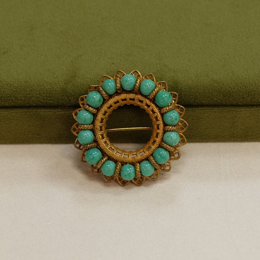 Miriam Haskell Round Turquoise Glass Brooch 1960s