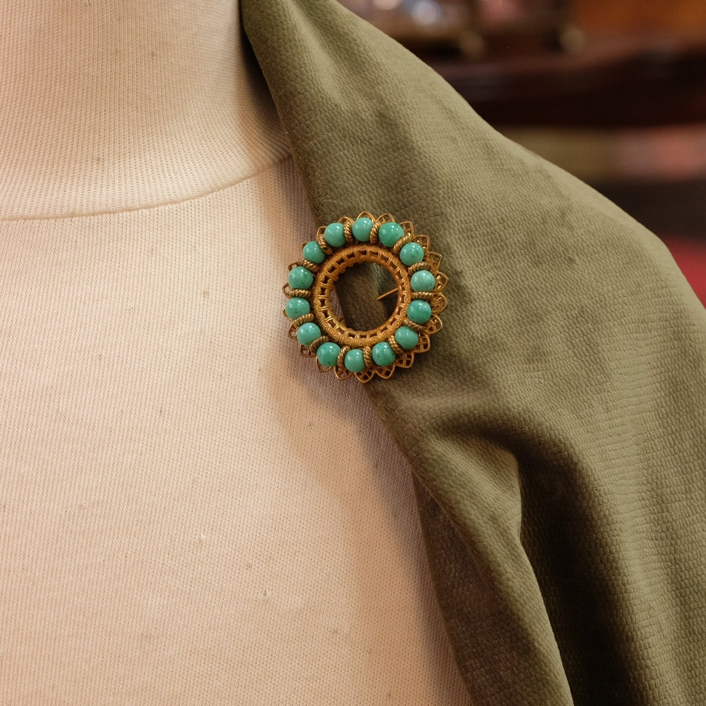 Miriam Haskell Round Turquoise Glass Brooch 1960s
