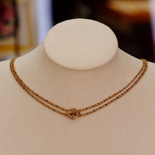 Victorian Gold Filled Ruby Seed Pearl Charm Slider Necklace