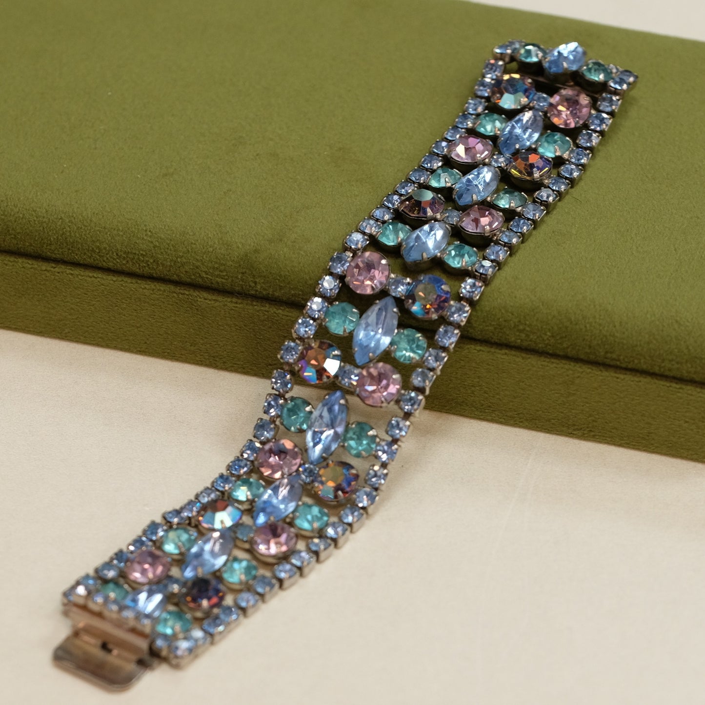 Vintage Blue Lavender Soft Rhinestone Wide Bracelet 1950s