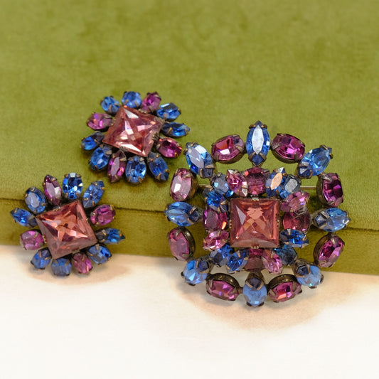 Schreiner Blue and Purple Brooch and Earrings set 1960s