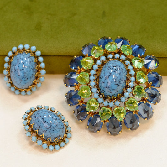Schreiner Faux Turquoise Brooch and Earrings set 1950s