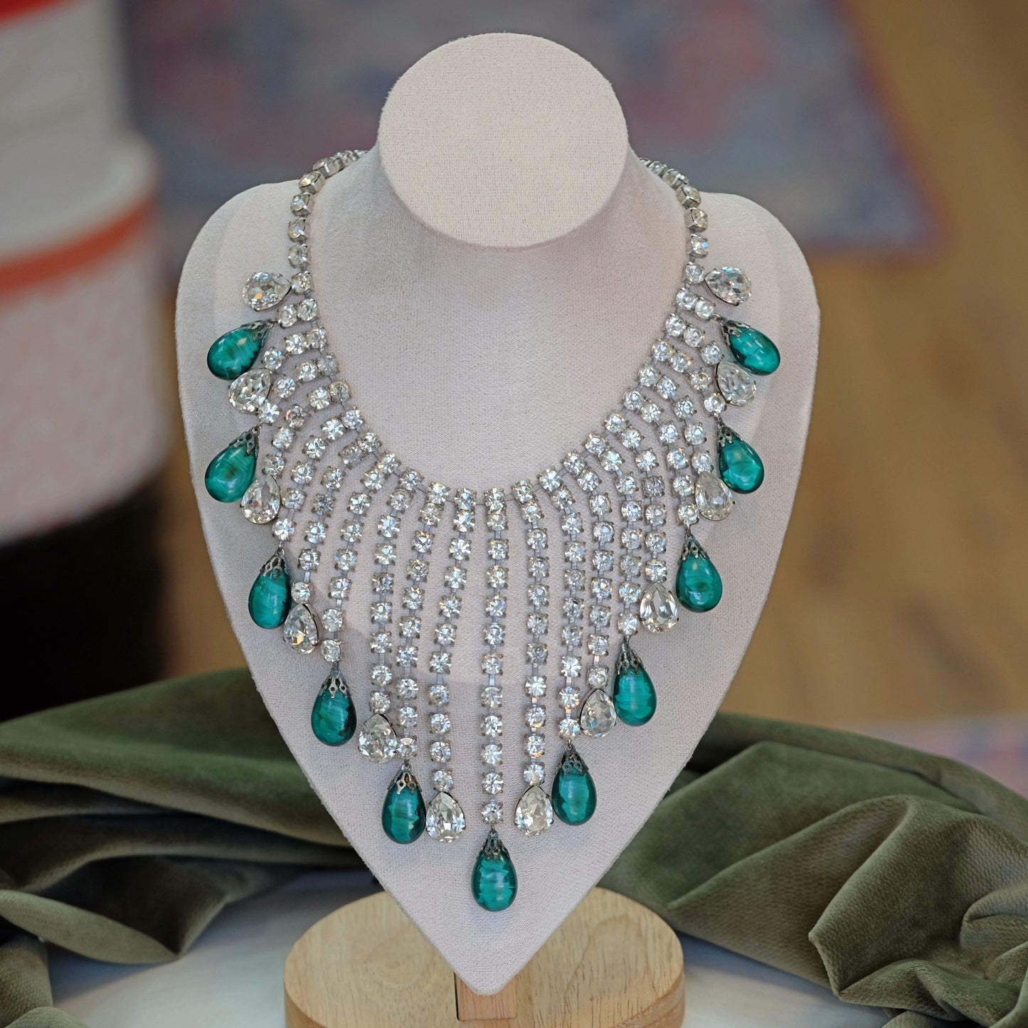 Mimi Di N Rhinestone and Green Glass Statement Necklace