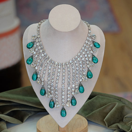 Mimi Di N Rhinestone and Green Glass Statement Necklace