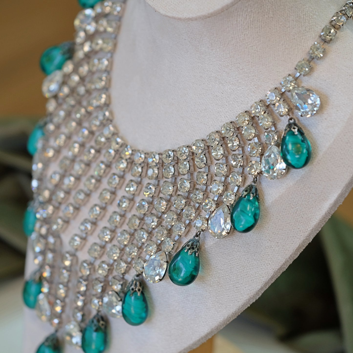 Mimi Di N Rhinestone and Green Glass Statement Necklace
