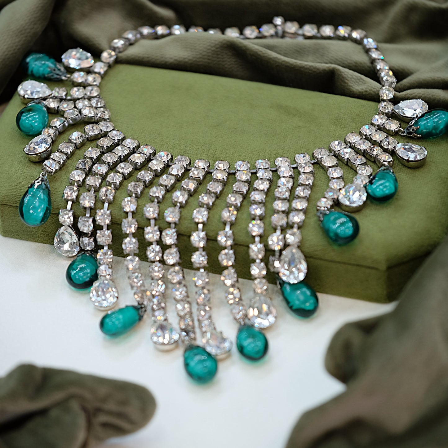 Mimi Di N Rhinestone and Green Glass Statement Necklace