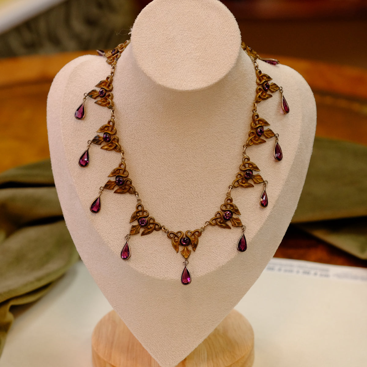 Art Nouveau Necklace with purple glass drops