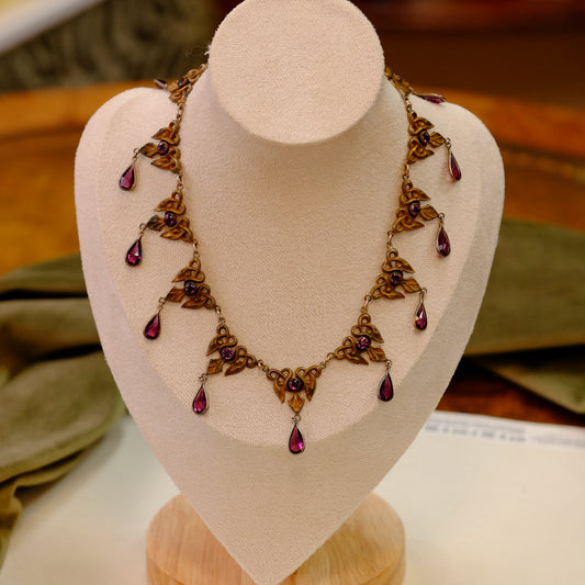 Art Nouveau Necklace with purple glass drops