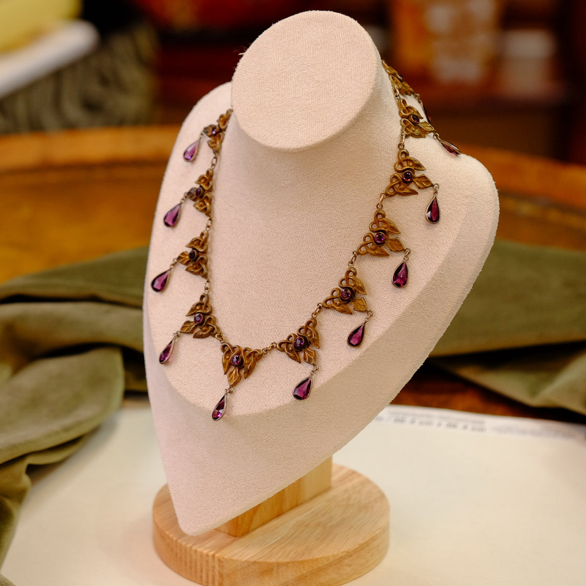 Art Nouveau Necklace with purple glass drops