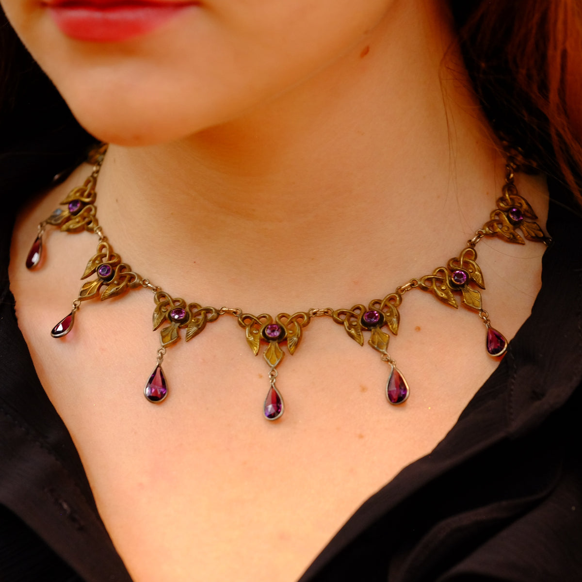 Art Nouveau Necklace with purple glass drops