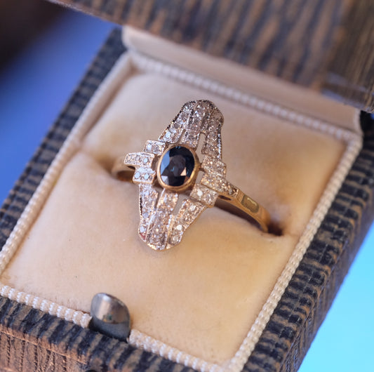 Art Deco 14k and 9k gold Diamonds Sapphire Ring