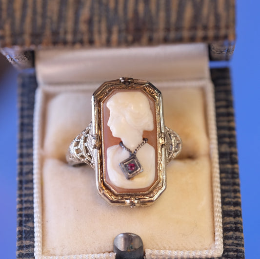 Rare Flip Cameo with Ruby and Onyx 14k Gold Filigree Ring 1800s
