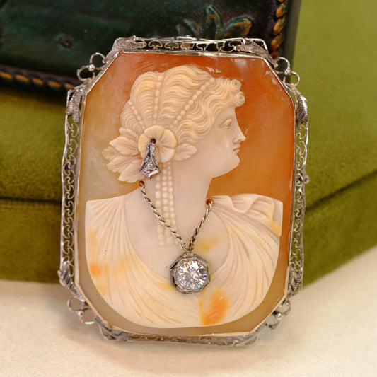 14k Gold Diamond Cameo Brooch/Pendant