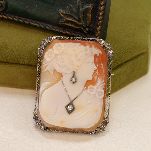 14K Gold Diamond Square Cameo Brooch/Pendant