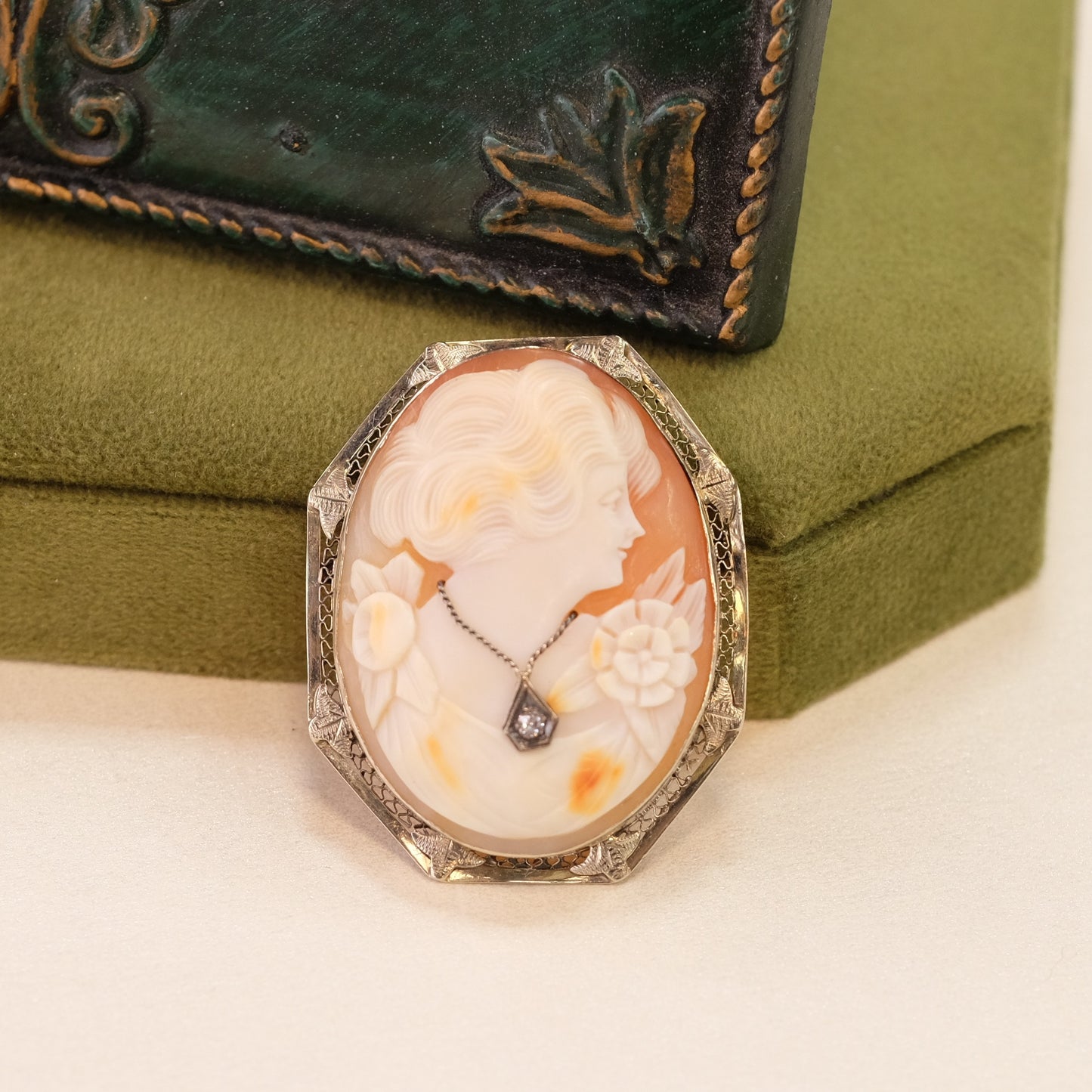 14k Gold Diamond Cameo Brooch Pendant