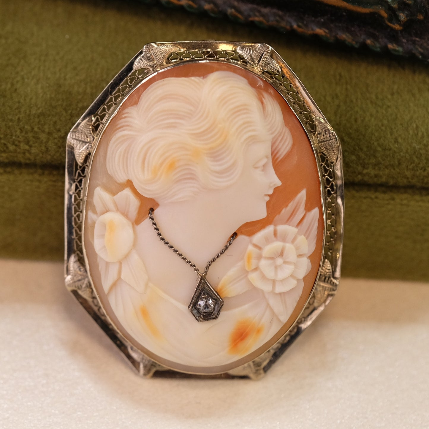 14k Gold Diamond Cameo Brooch Pendant