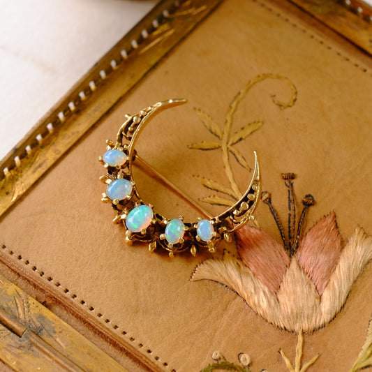 14K Gold Opal Crescent Brooch