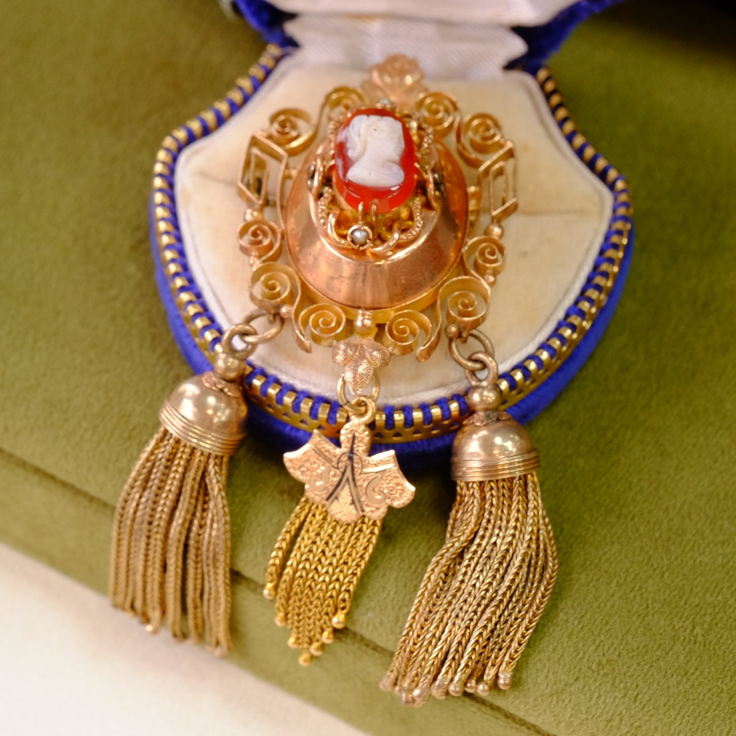 Victorian Gold Filled Cameo Brooch Pendant with Tassels