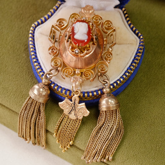 Victorian Gold Filled Cameo Brooch Pendant with Tassels
