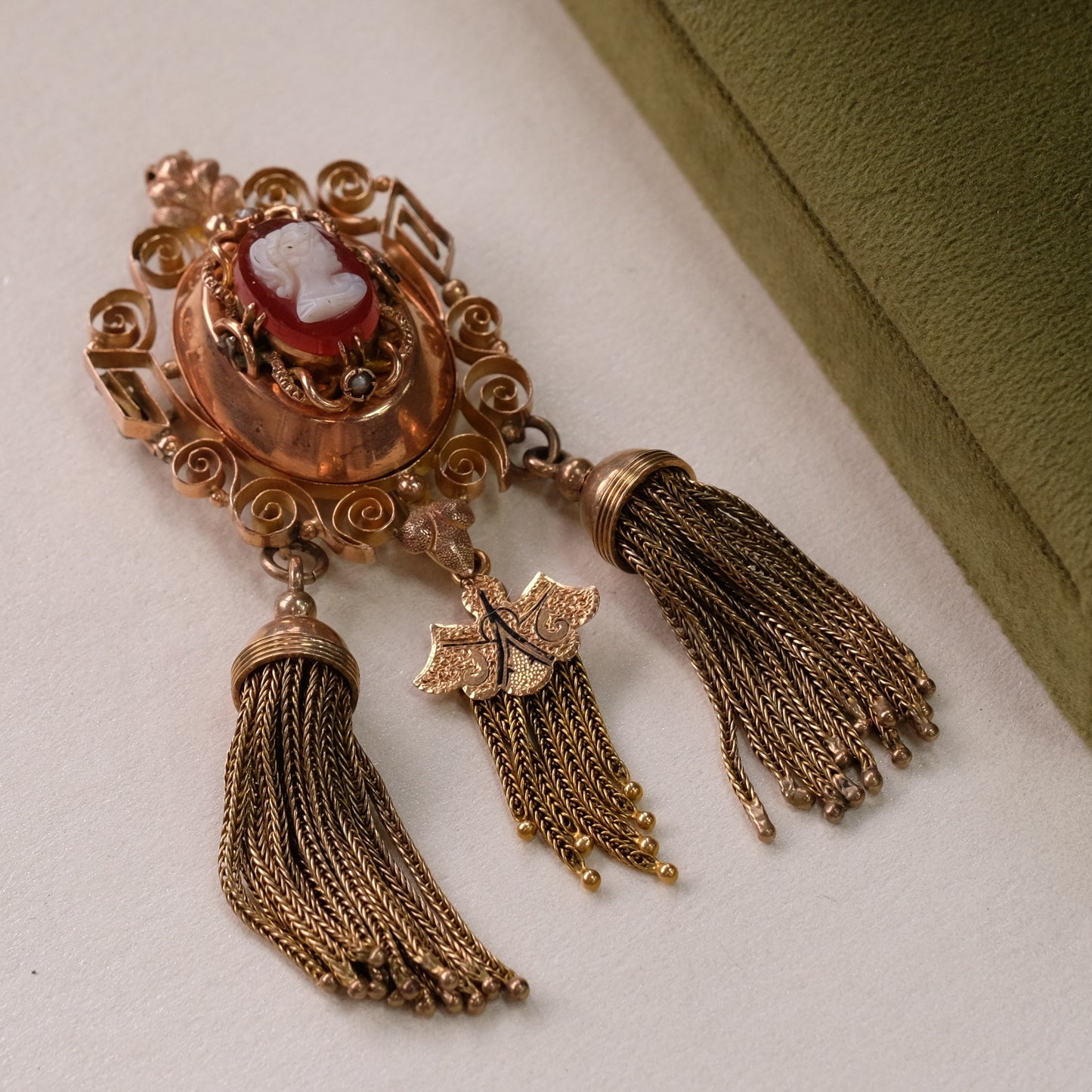 Victorian Gold Filled Cameo Brooch Pendant with Tassels
