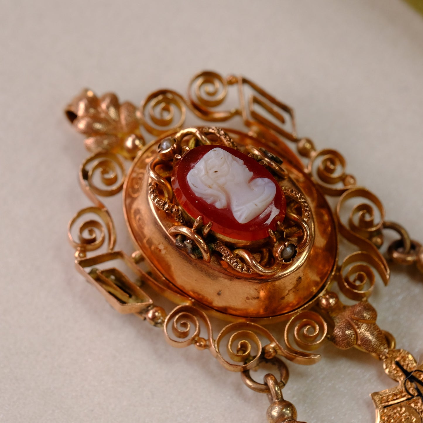 Victorian Gold Filled Cameo Brooch Pendant with Tassels