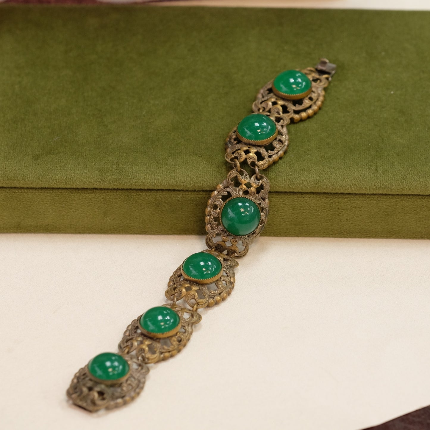 Antique Czech Filigree Faux Jade Bracelet 1930s
