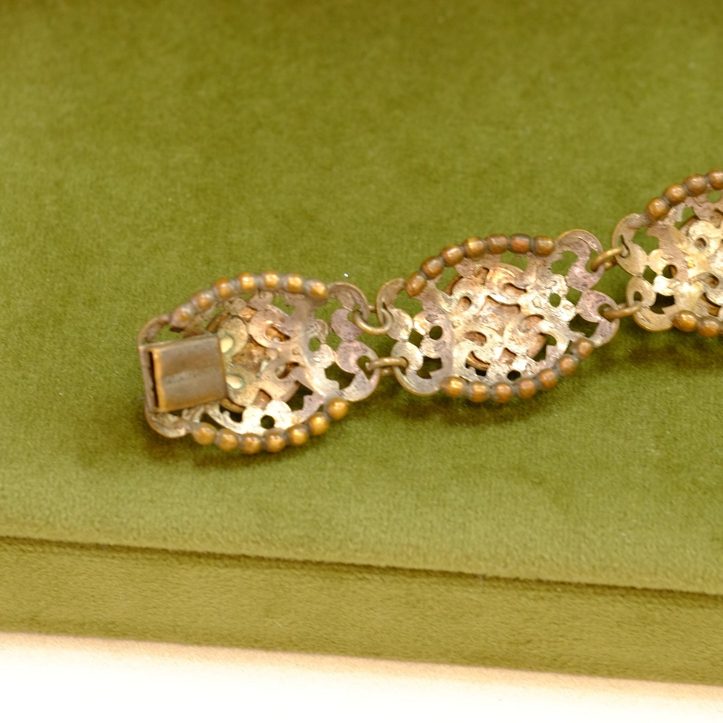 Antique Czech Filigree Faux Jade Bracelet 1930s