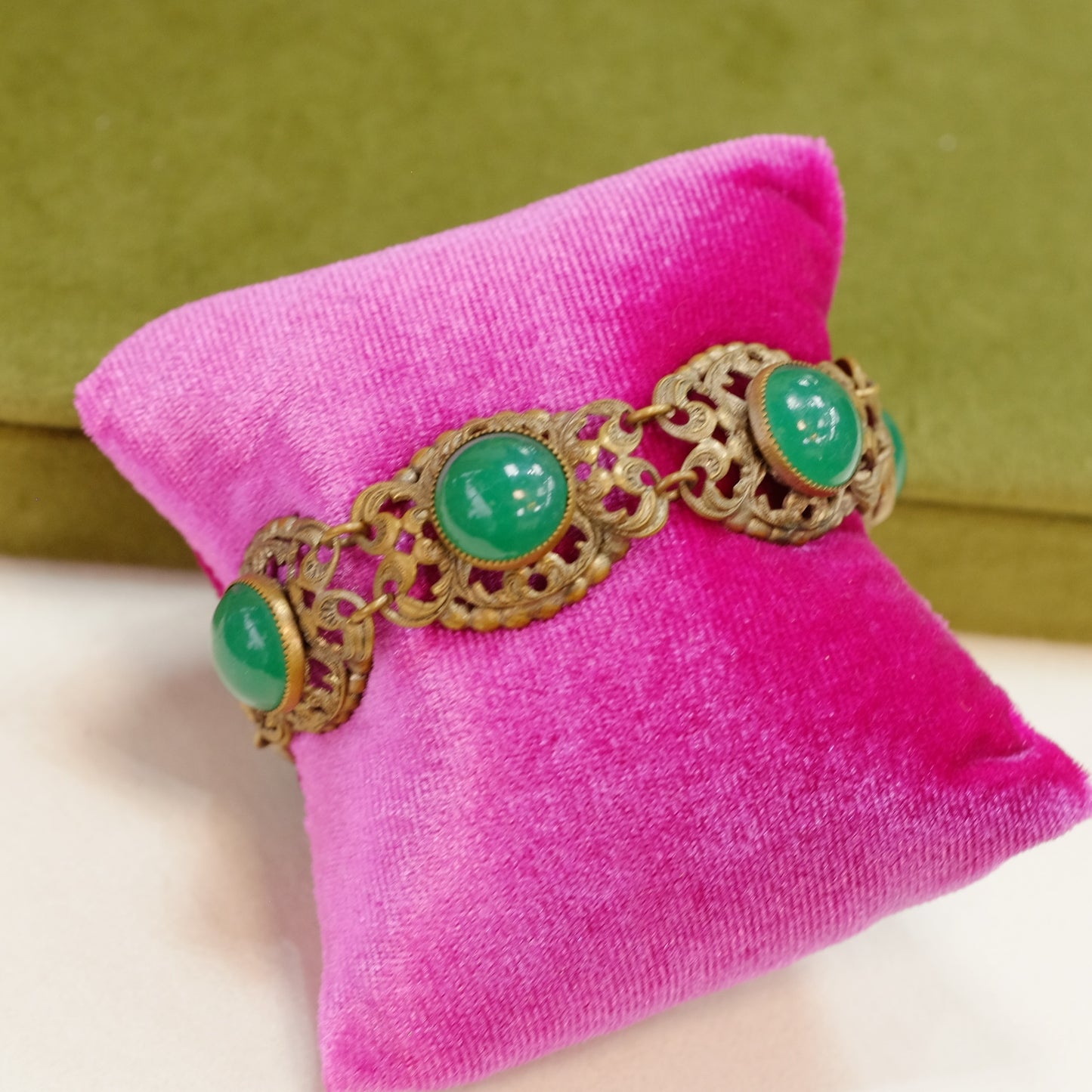 Antique Czech Filigree Faux Jade Bracelet 1930s