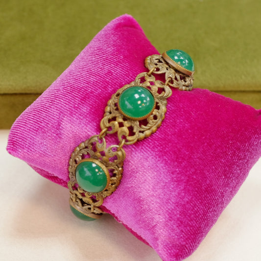 Antique Czech Filigree Faux Jade Bracelet 1930s