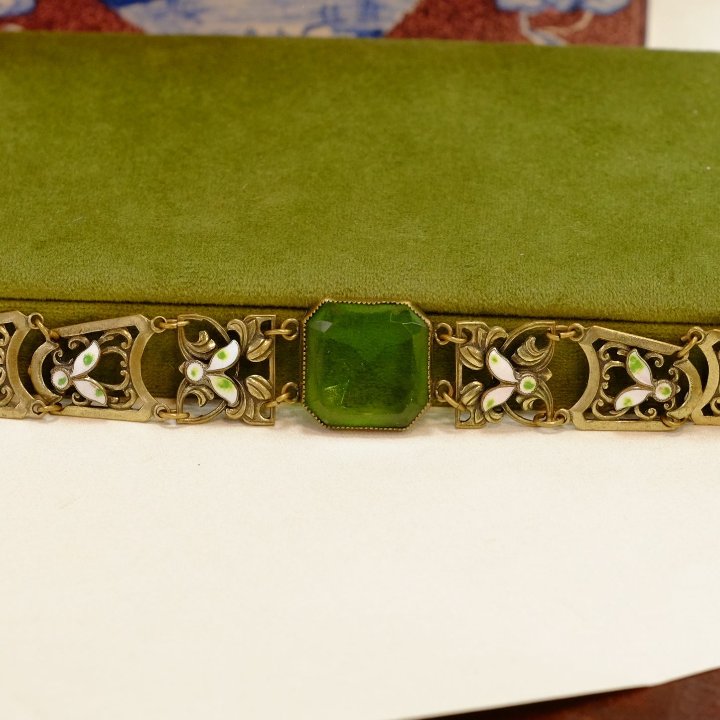 Art Nouveau Czech Bracelet with Green Glass