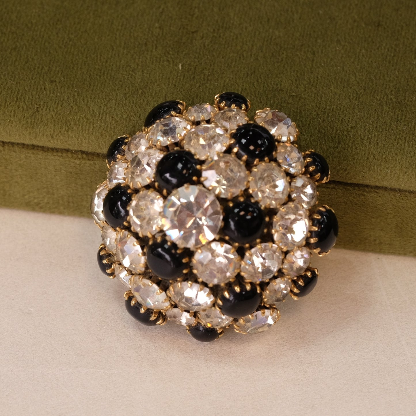 Vintage Dome Black and White Crystal Brooch 1960s