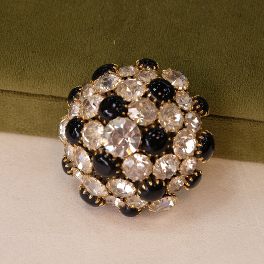 Vintage Dome Black and White Crystal Brooch 1960s